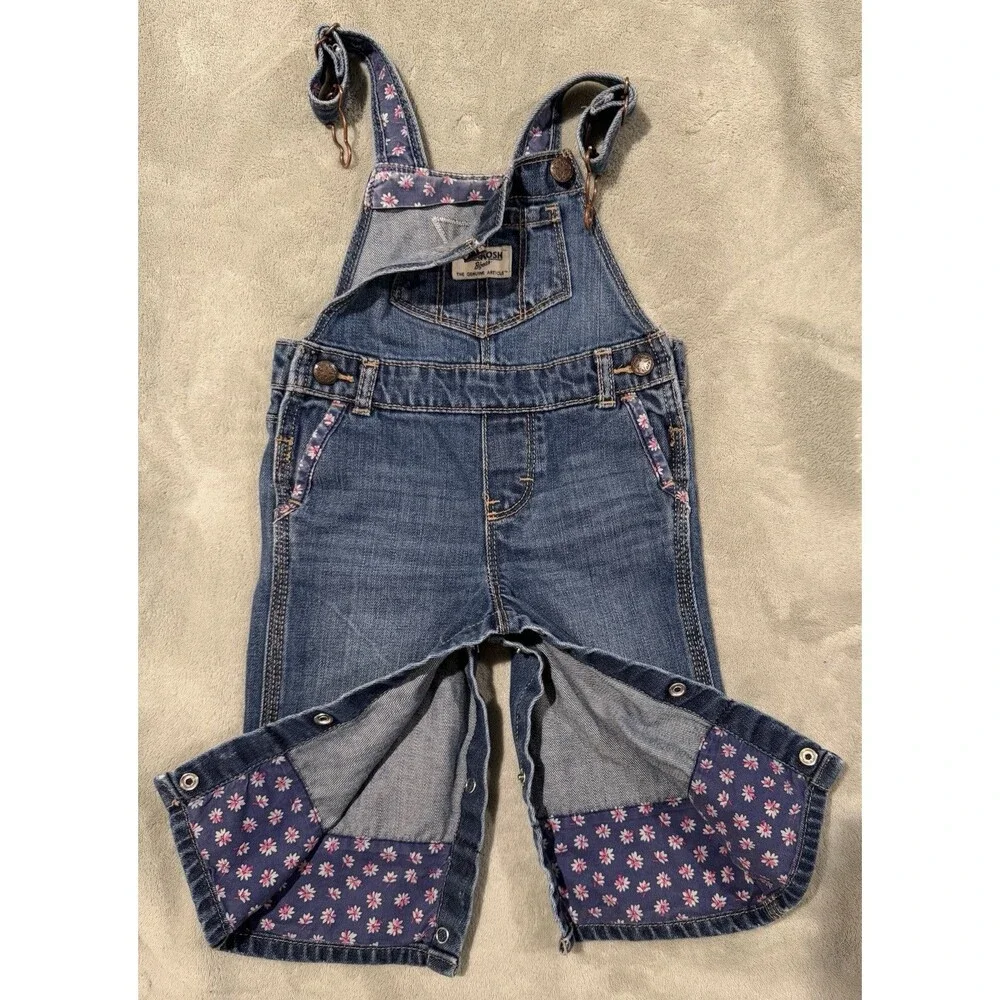 Vintage Y2K OshKosh B'gosh Vestbak Baby Girls 9M Blue Denim Overalls Floral Trim